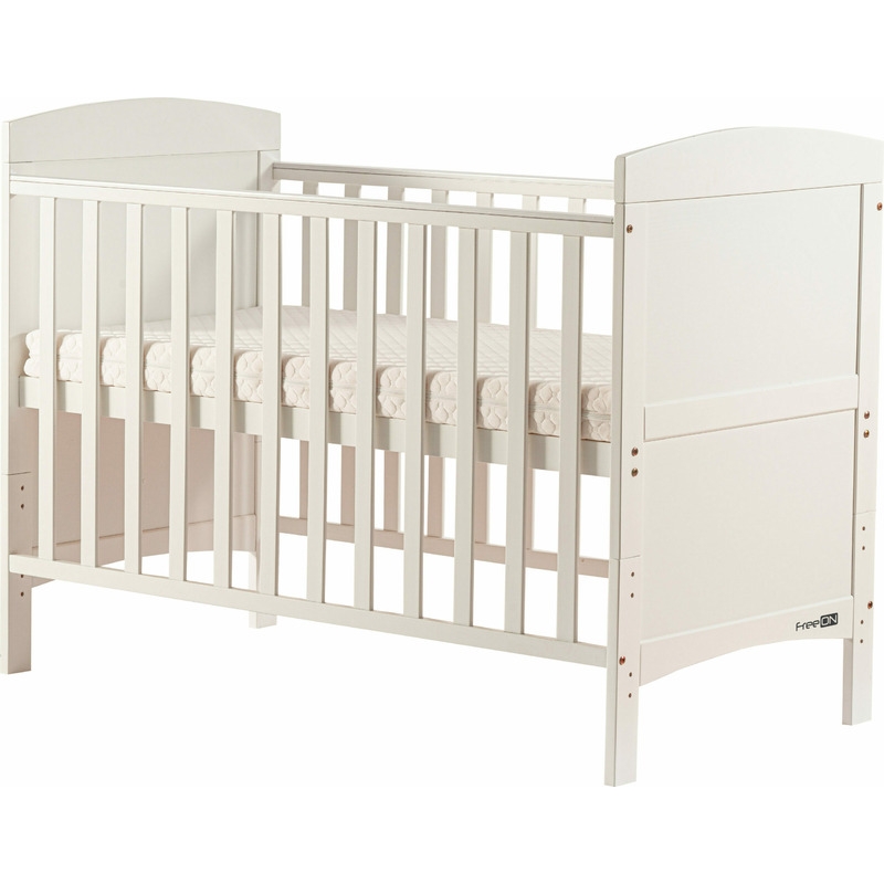 Patut din lemn Lory transformabil pentru bebe si junior, 120x60 cm, Din lemn de pin si mdf, Cu sina speciala pentru dentitie, Stabil si rezistent, Suport pentru saltea reglabil, FreeON, White