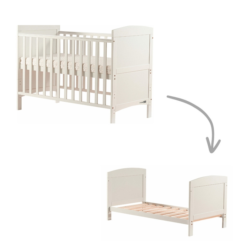 Patut din lemn Lory transformabil pentru bebe si junior, 120x60 cm, Din lemn de pin si mdf, Cu sina speciala pentru dentitie, Stabil si rezistent, Suport pentru saltea reglabil, FreeON, White