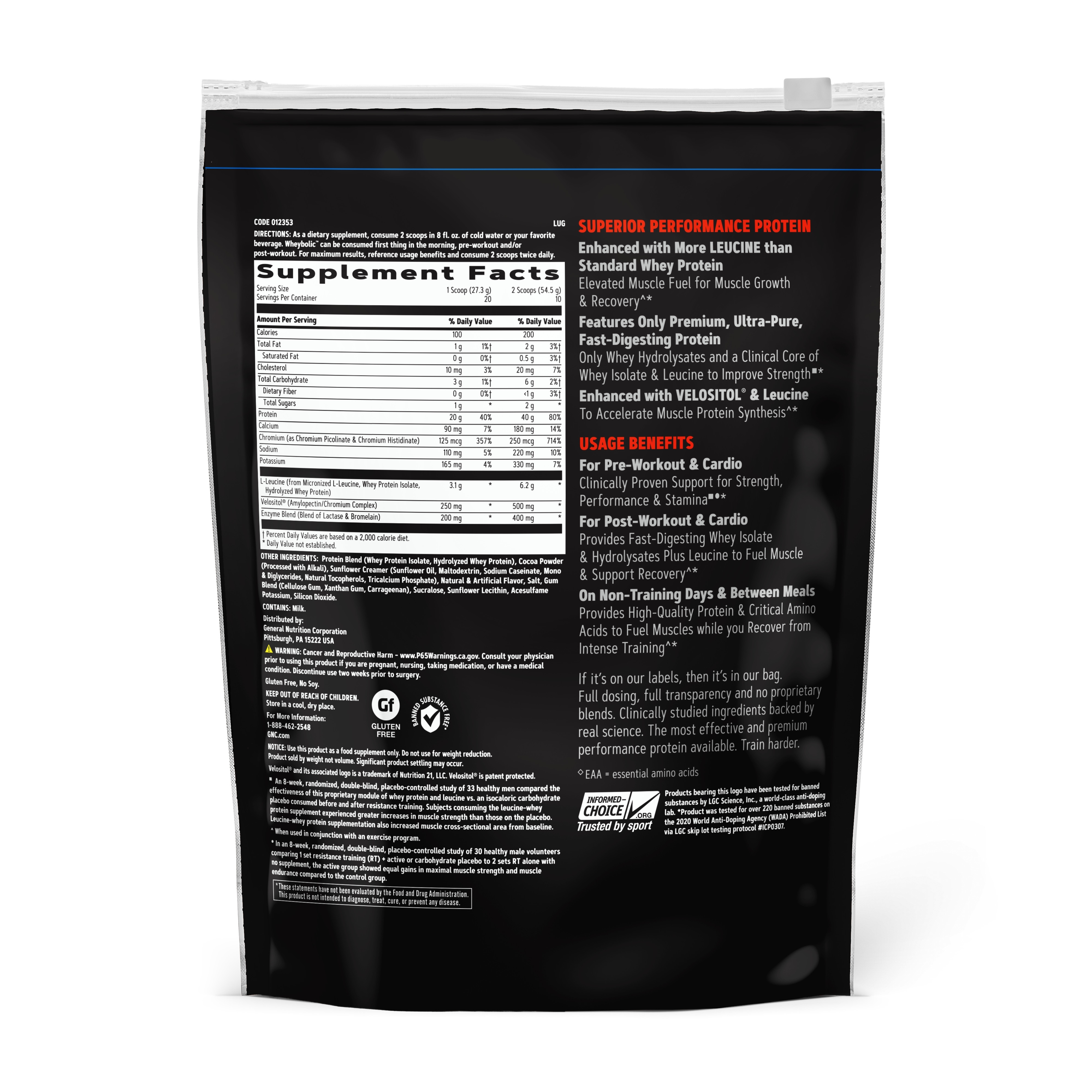 Proteina din zer cu aroma de ciocolata AMP Wheybolic, 545 g, GNC