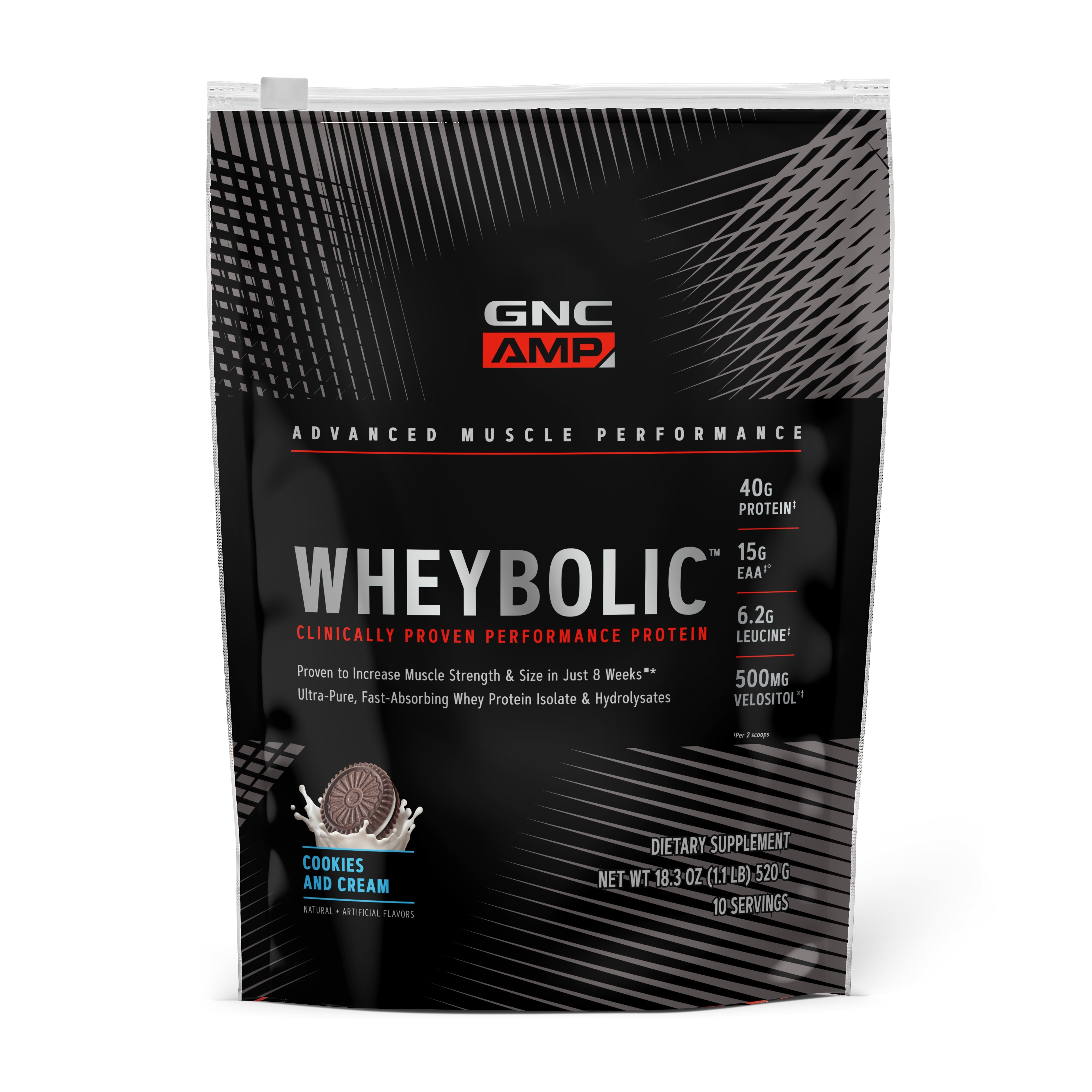 Proteina din zer cu aroma de biscuiti cu crema AMP Wheybolic, 520 g, GNC