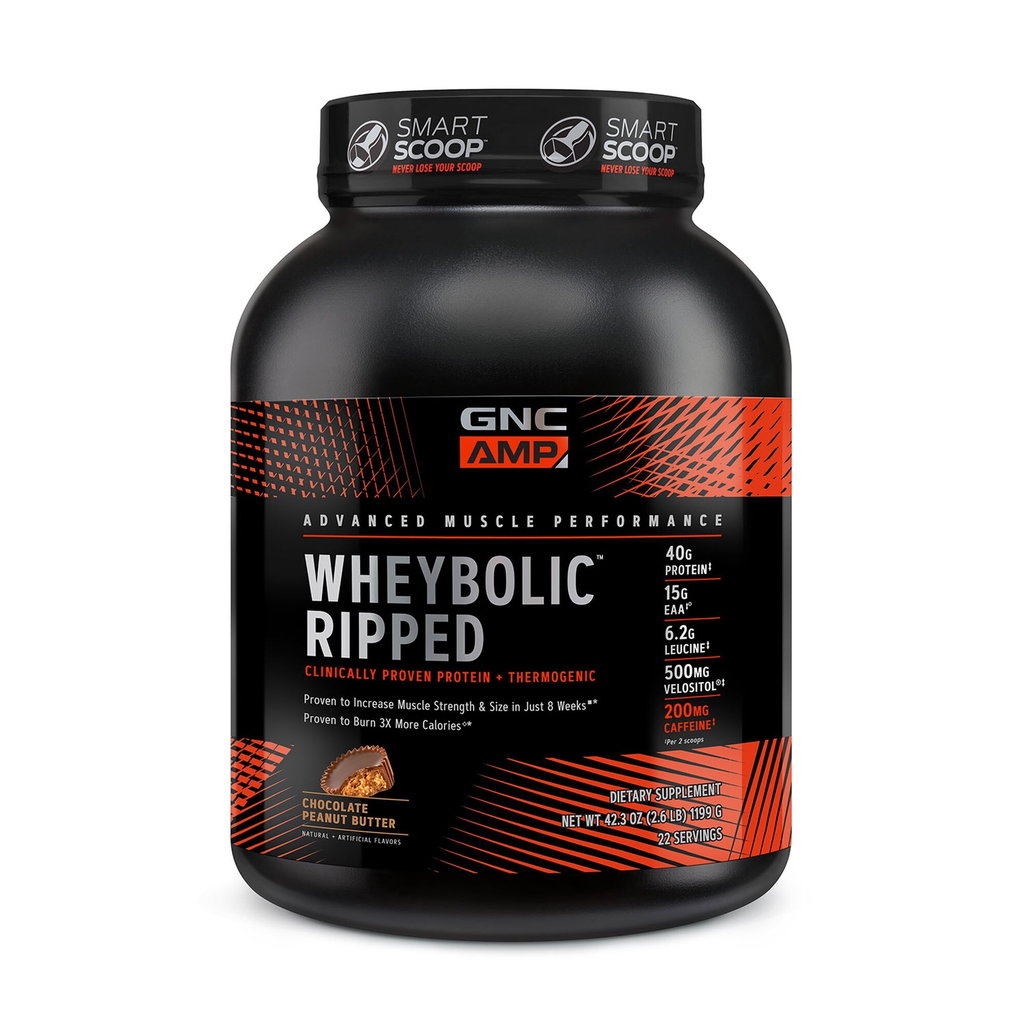 Proteina din zer cu aroma de ciocolata si unt de arahide AMP Wheybolic Ripped, 1199  g, GNC