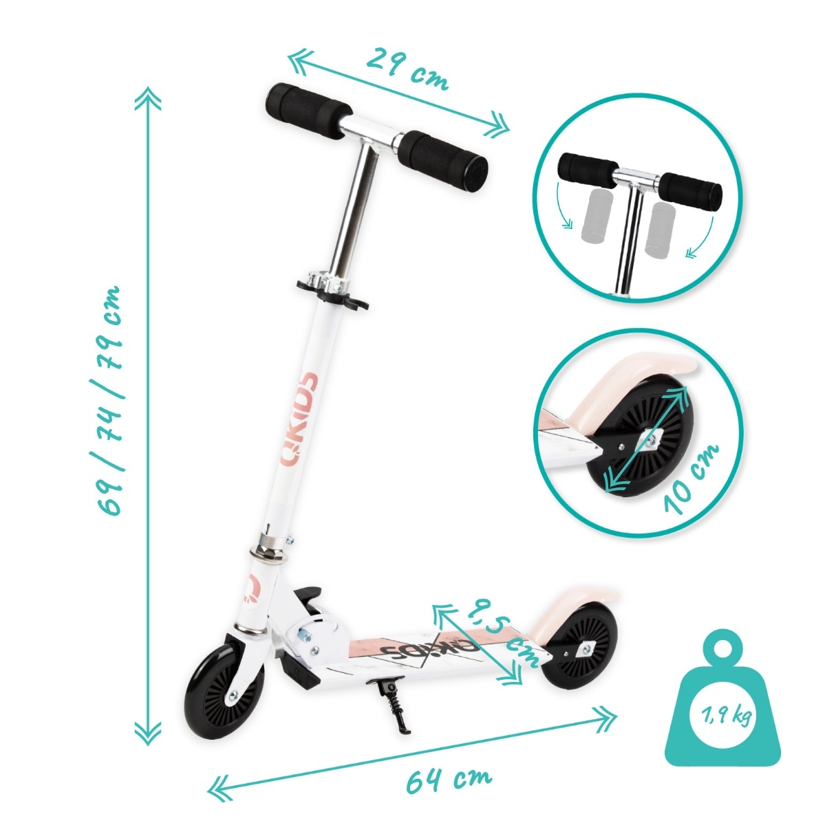 Trotineta copii, QKIDS, FLO Pink, Rulmenti ABEC-9, Roti poliuretan 85A, Ghidon T-shape, Platforma anti-derapanta, Defender brake, Aluminiu