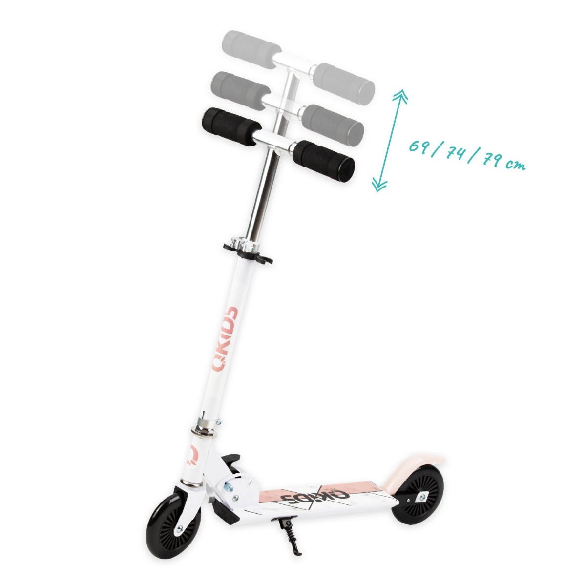 Trotineta copii, QKIDS, FLO Pink, Rulmenti ABEC-9, Roti poliuretan 85A, Ghidon T-shape, Platforma anti-derapanta, Defender brake, Aluminiu
