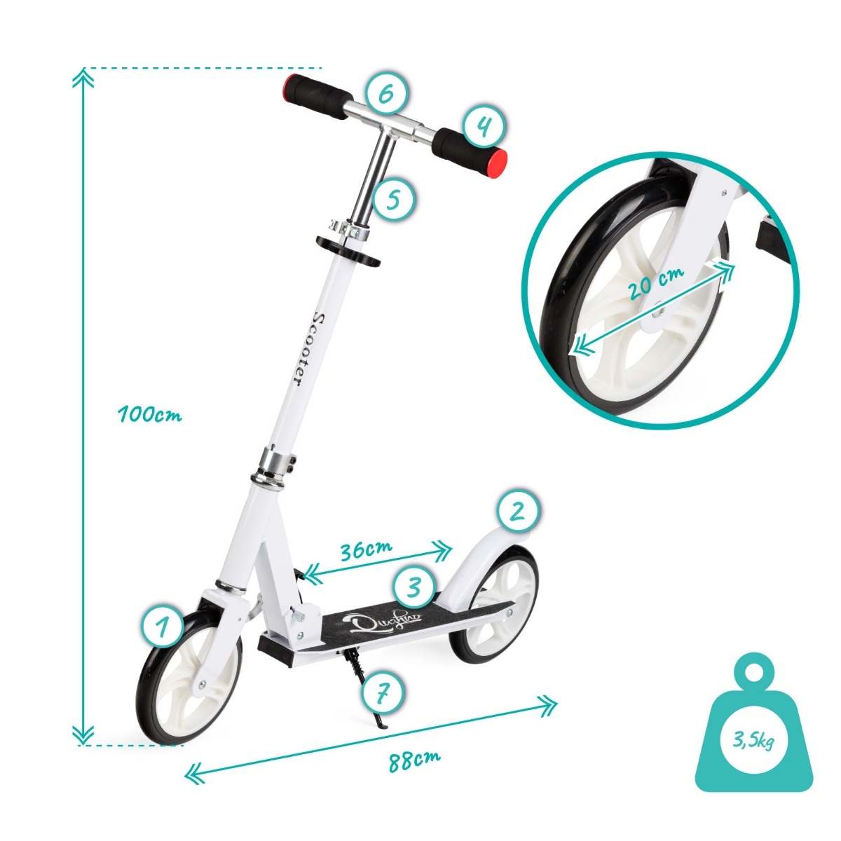 Trotineta freestyle, QKIDS, WEISS White, Ghidon reglabil pe 3 trepte, Amortizor Easy&Up, Platforma anti-derapanta, Pliabila, Aluminiu