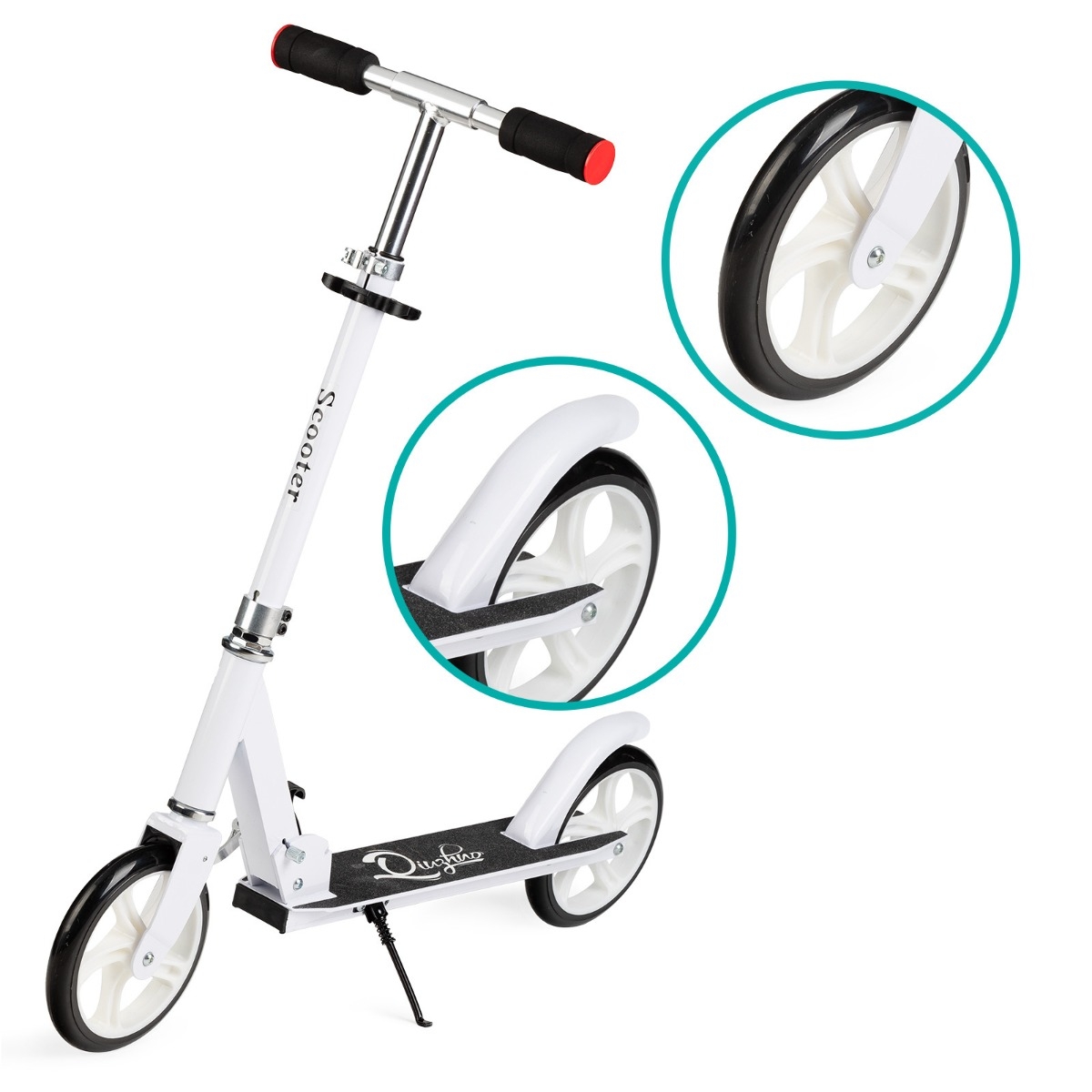 Trotineta freestyle, QKIDS, WEISS White, Ghidon reglabil pe 3 trepte, Amortizor Easy&Up, Platforma anti-derapanta, Pliabila, Aluminiu