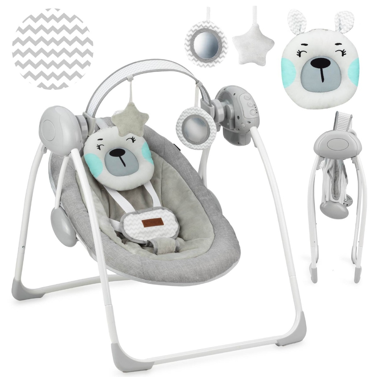 Leagan pentru bebelusi, MoMi LISS Bear, Gri/Turcoaz, 5 viteze de balansare, Cronometru, Alimentare baterii, 8 melodii, 2 jucarii incluse, Centura in 5 puncte