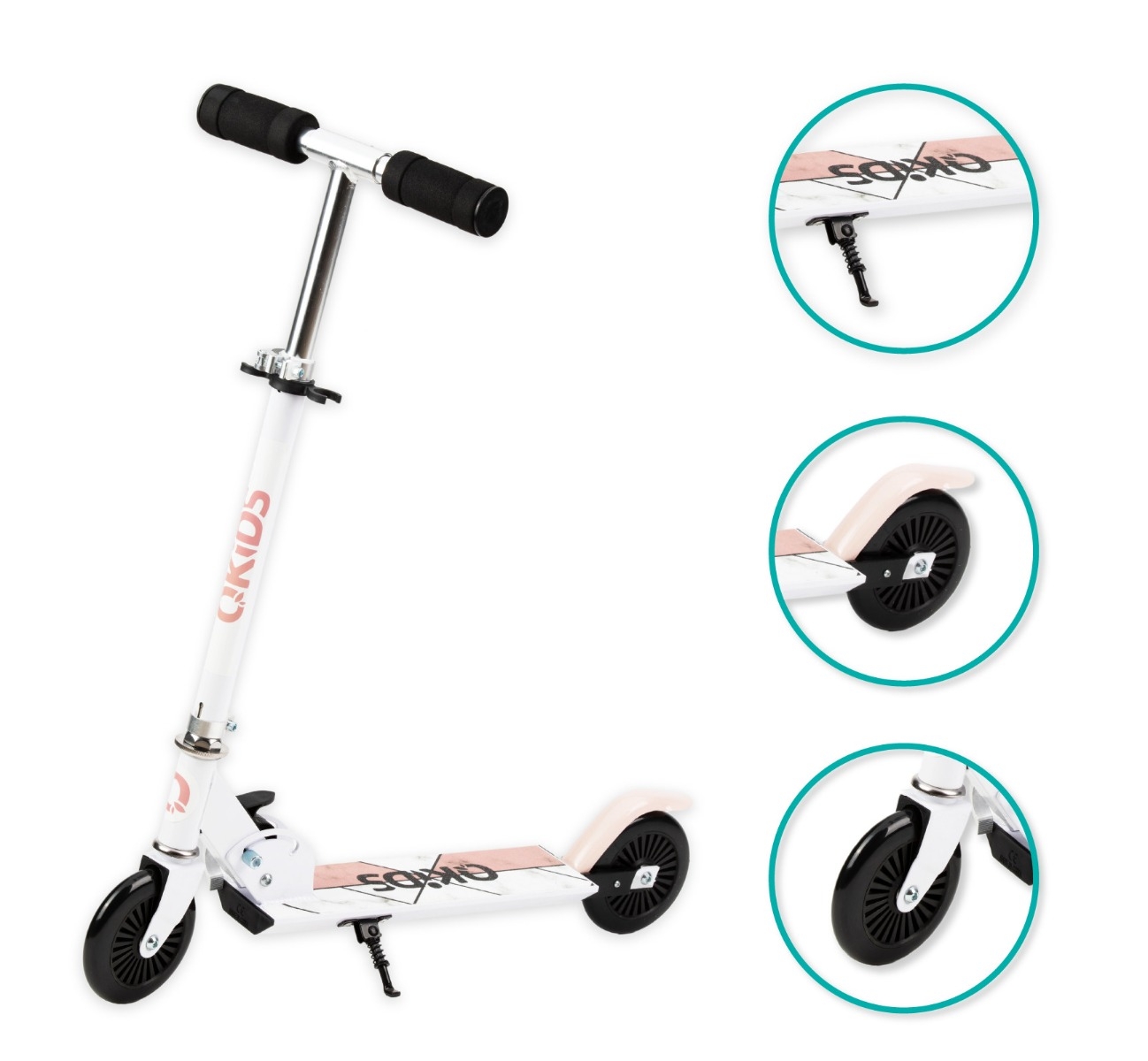 Trotineta copii, QKIDS, FLO Pink, Rulmenti ABEC-9, Roti poliuretan 85A, Ghidon T-shape, Platforma anti-derapanta, Defender brake, Aluminiu