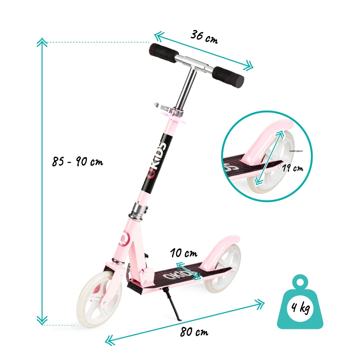 Trotineta freestyle, QKIDS, WEISS Light Pink, Ghidon reglabil pe 3 trepte, Amortizor Easy&Up, Platforma anti-derapanta, Pliabila, Aluminiu