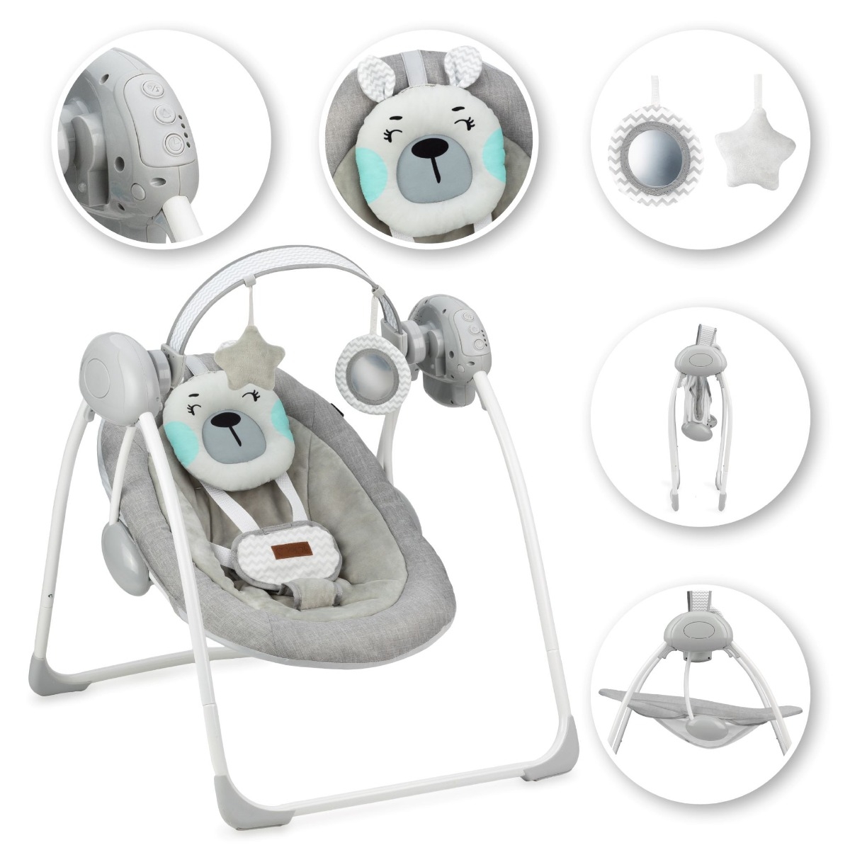 Leagan pentru bebelusi, MoMi LISS Bear, Gri/Turcoaz, 5 viteze de balansare, Cronometru, Alimentare baterii, 8 melodii, 2 jucarii incluse, Centura in 5 puncte