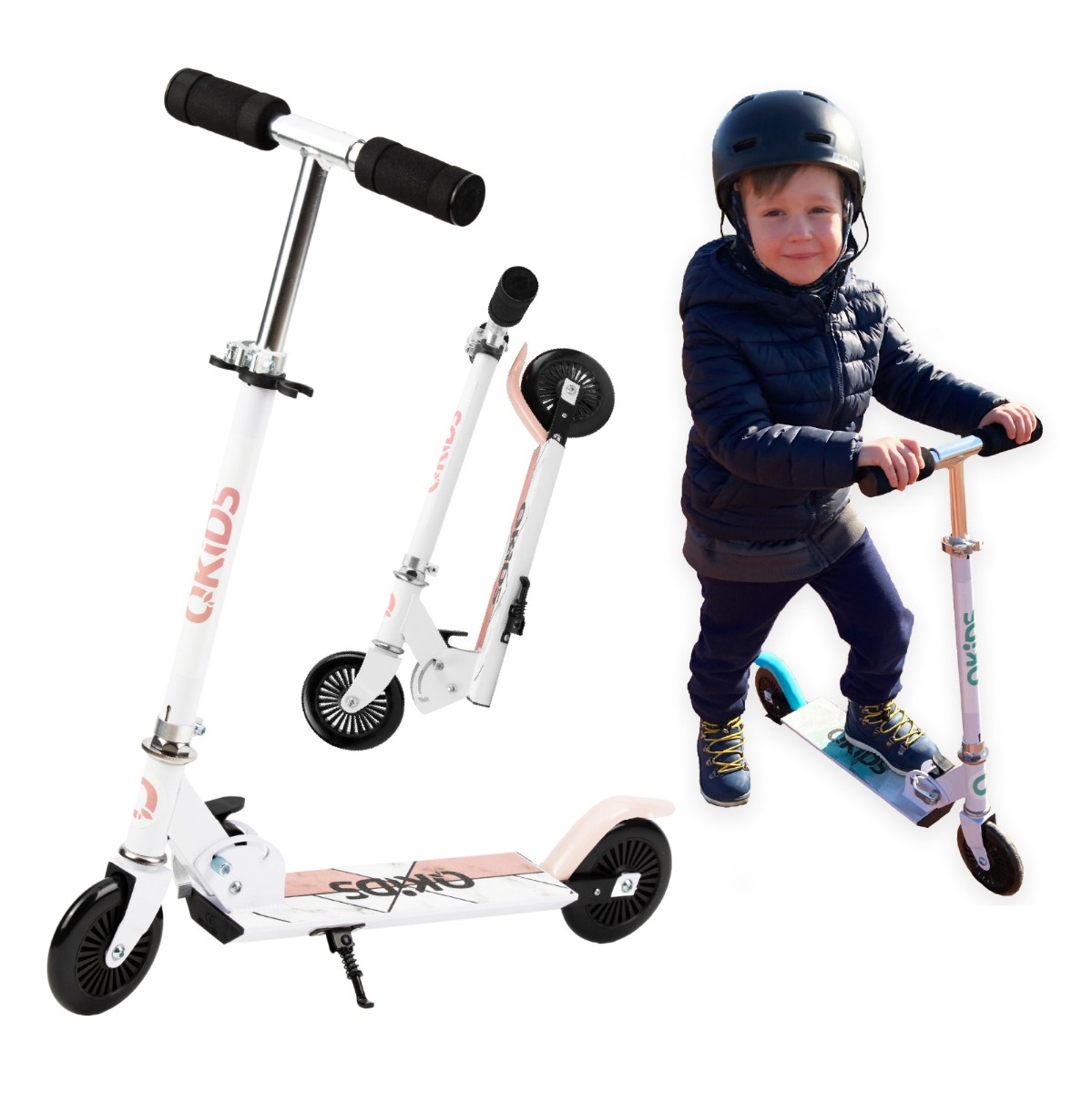 Trotineta copii, QKIDS, FLO Pink, Rulmenti ABEC-9, Roti poliuretan 85A, Ghidon T-shape, Platforma anti-derapanta, Defender brake, Aluminiu
