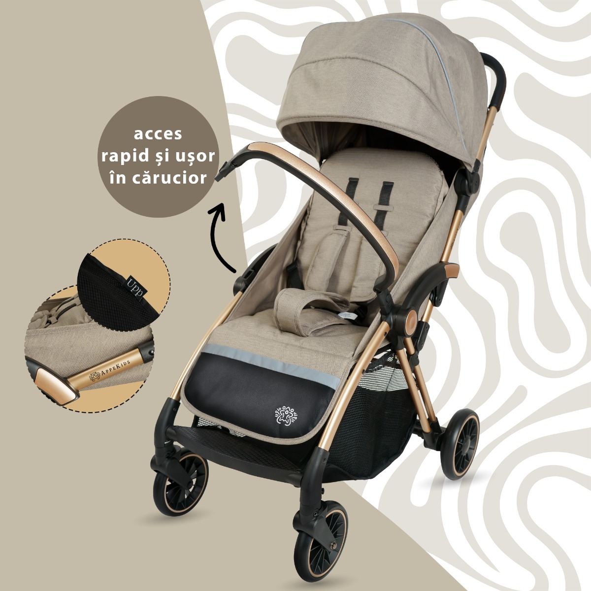Carucior Sport AppeKids â€“ Upp â€“ Ultracompact, Pliere automata, De la nastere la 22kg - Bubble Beige