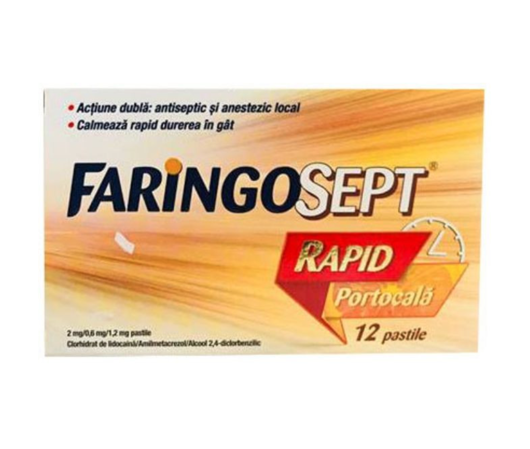 Faringosept Rapid Portocala, 2 mg/0,6 mg/1,2 mg, 12 pastile, Terapia