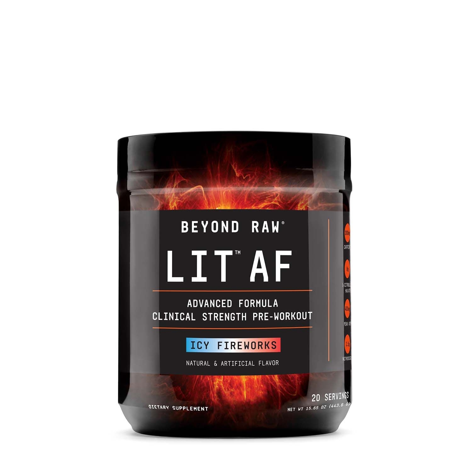 Pre-workout cu aroma de icy fireworks LIT AF, 443.6 g, Beyond Raw