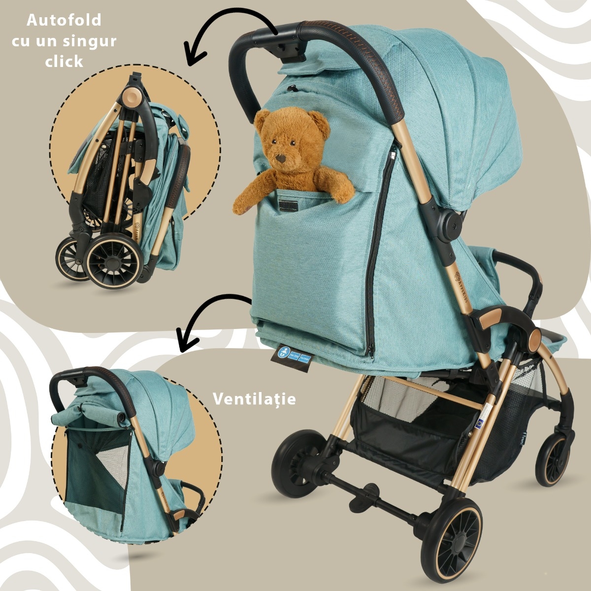 Carucior Sport AppeKids â€“ Upp â€“ Ultracompact, Pliere automata, De la nastere la 22kg - River Green