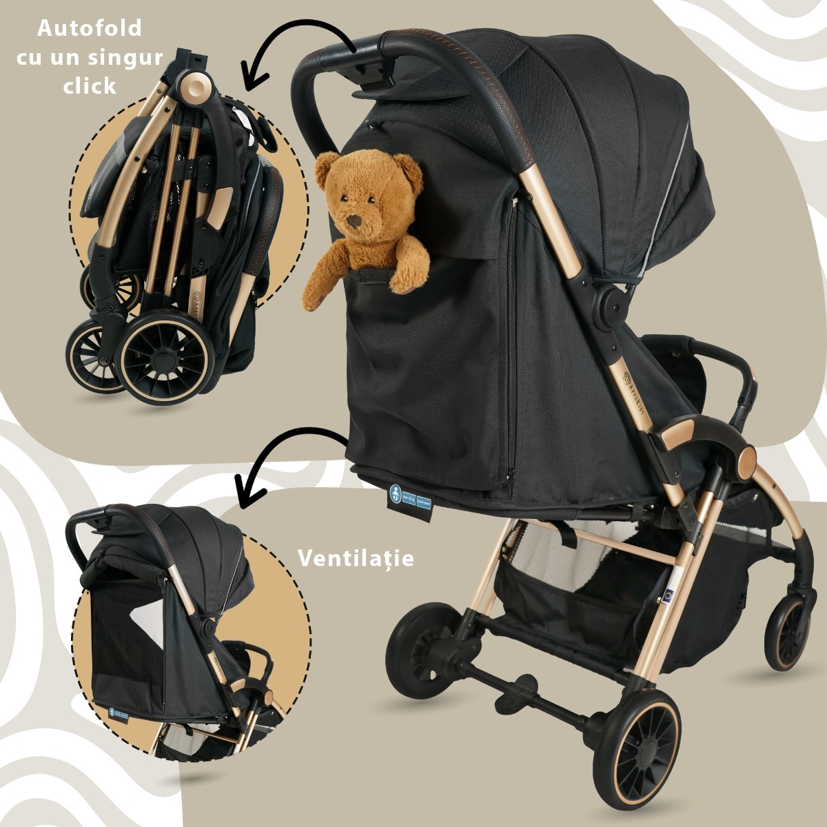Carucior Sport AppeKids â€“ Upp â€“ Ultracompact, Pliere automata, De la nastere la 22kg - Jet Black