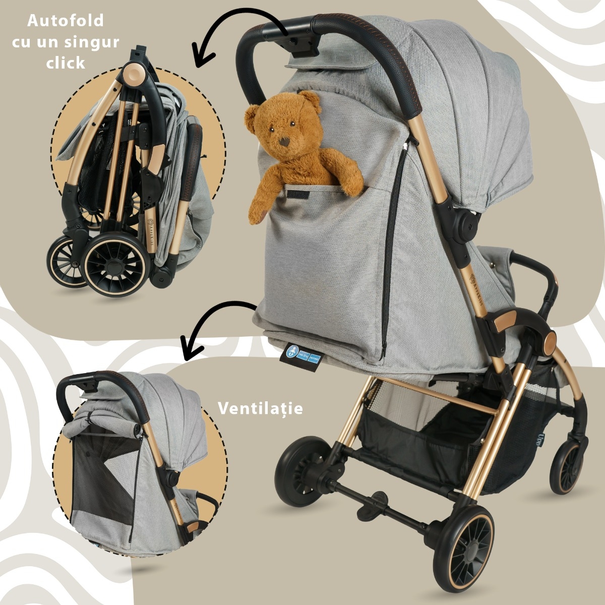 Carucior Sport AppeKids â€“ Upp â€“ Ultracompact, Pliere automata, De la nastere la 22kg - Powder Grey