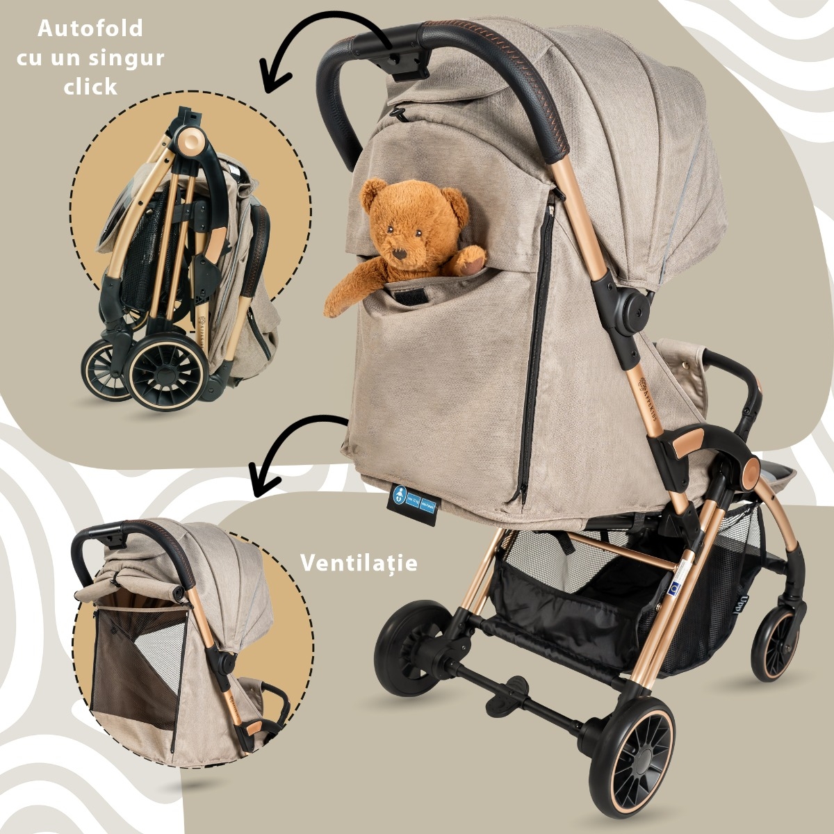Carucior Sport AppeKids â€“ Upp â€“ Ultracompact, Pliere automata, De la nastere la 22kg - Bubble Beige