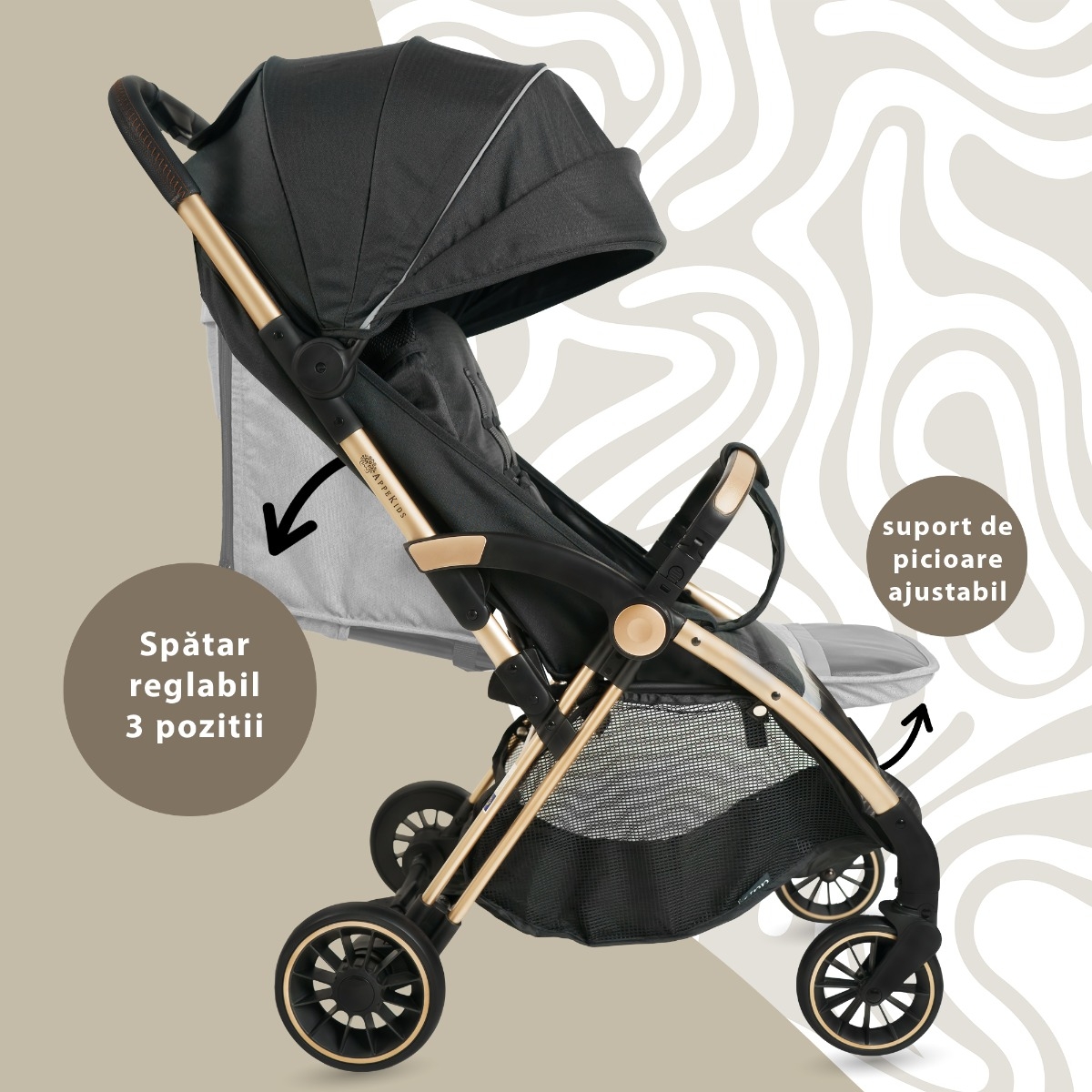 Carucior Sport AppeKids â€“ Upp â€“ Ultracompact, Pliere automata, De la nastere la 22kg - Jet Black