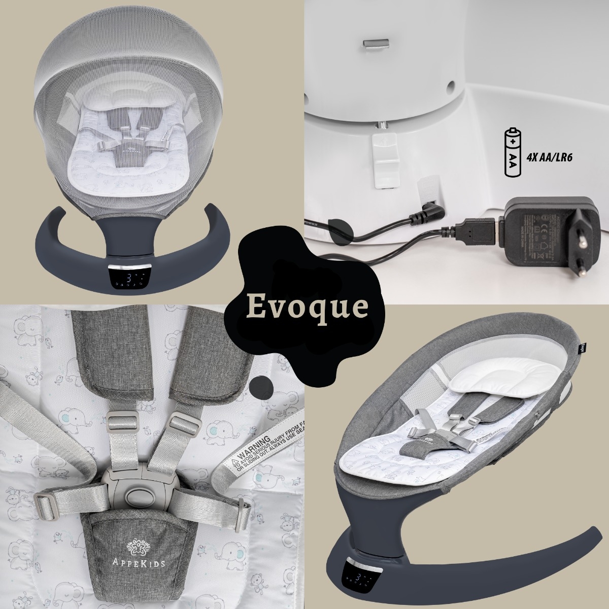 Leagan electric pentru bebelusi, cu spatar reglabil si senzor de miscare, AppeKids Evoque - Powder Grey