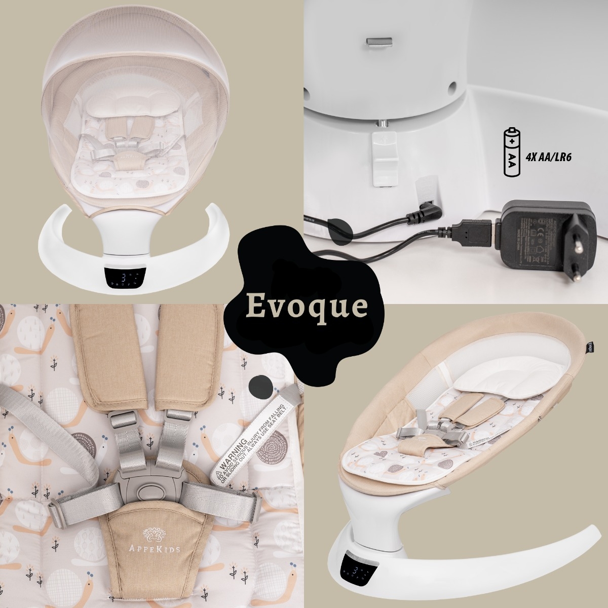 Leagan electric pentru bebelusi, cu spatar reglabil si senzor de miscare, AppeKids Evoque - Bubble Beige