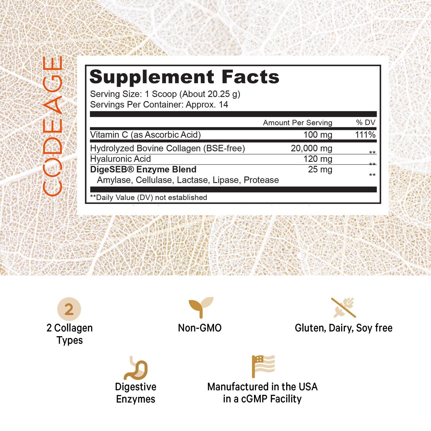 Colagen hidrolizat cu vitamina C si acid hialuronic, 283 g, Code Age