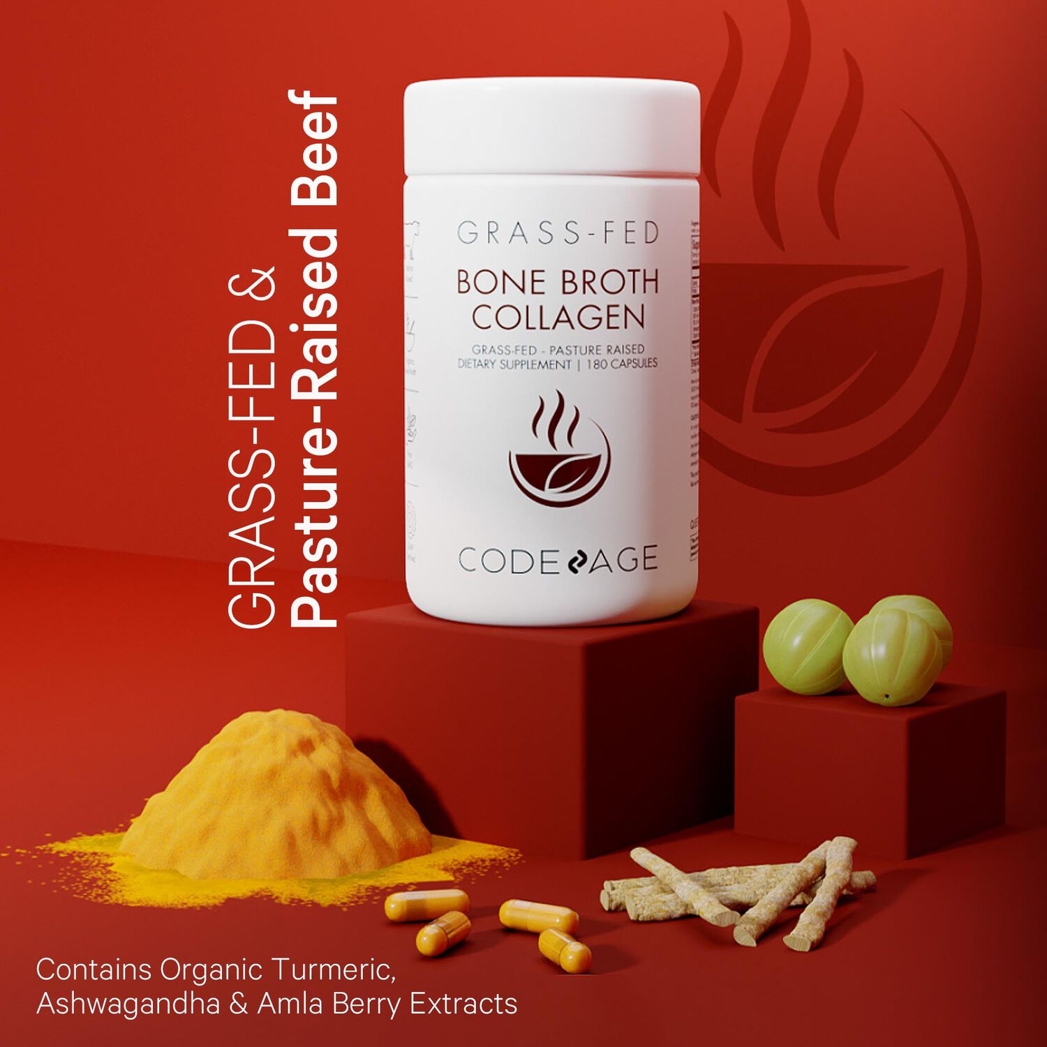 Peptide din colagen de Tipul I, II & III din fiertura de oase cu turmeric si ashwagandha, 180 capsule, Code Age