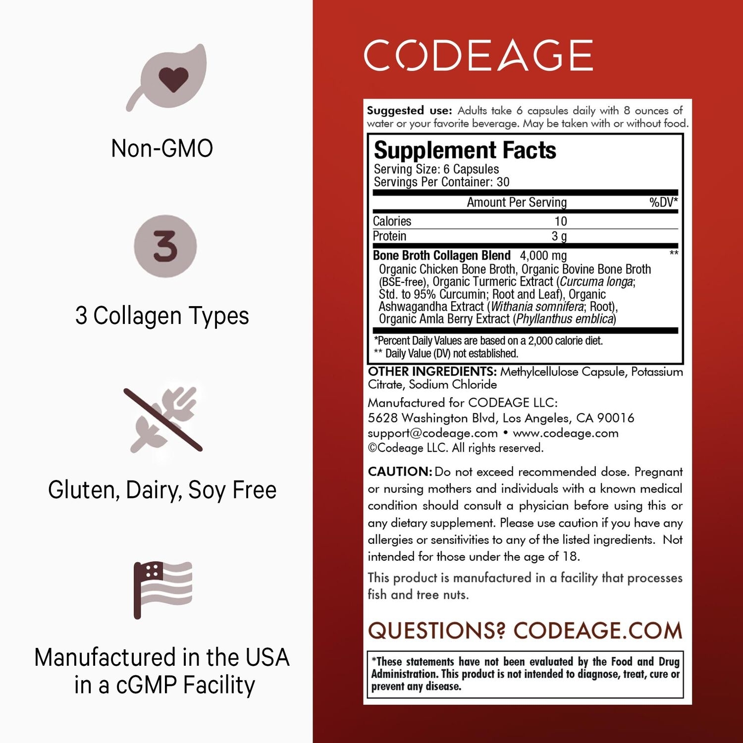 Peptide din colagen de Tipul I, II & III din fiertura de oase cu turmeric si ashwagandha, 180 capsule, Code Age