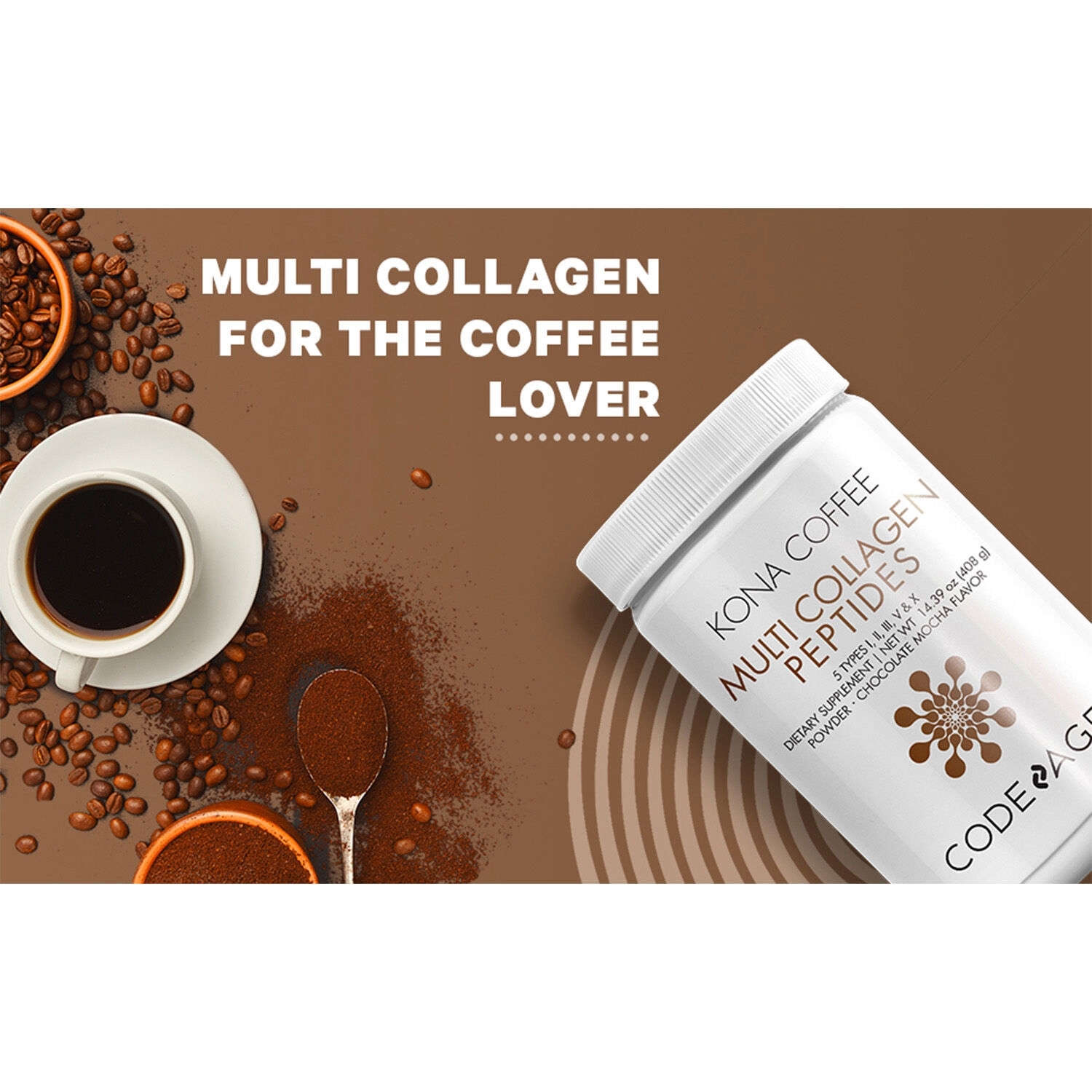 Colagen hidrolizat din 5 surse sub forma de peptide cu cafea kona solubila, 408 g, Code Age