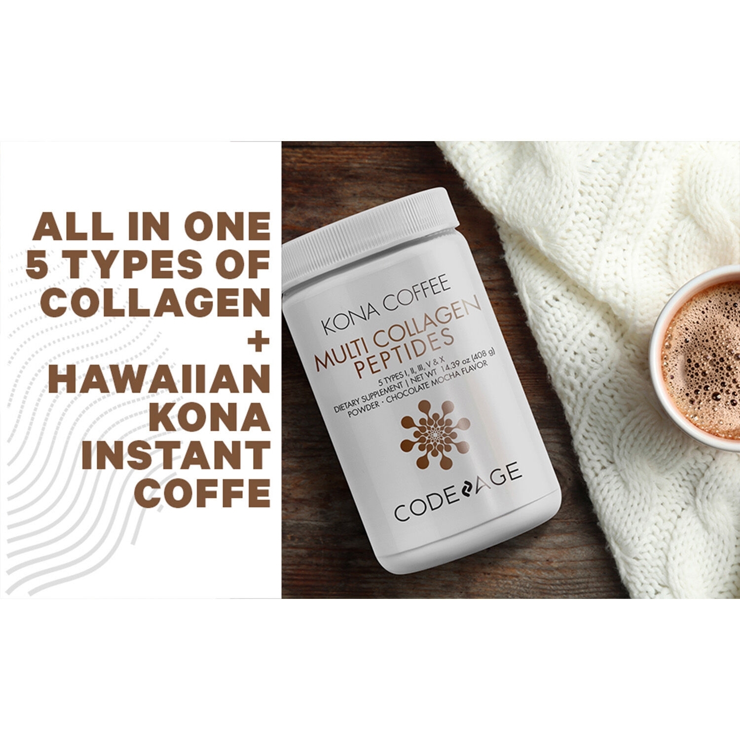 Colagen hidrolizat din 5 surse sub forma de peptide cu cafea kona solubila, 408 g, Code Age