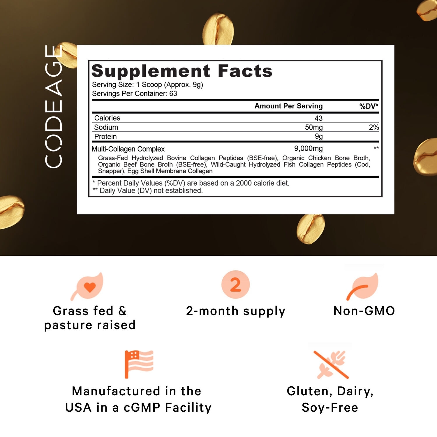 Colagen hidrolizat din 5 surse sub forma de peptide, fara aroma, 567 g, Code Age