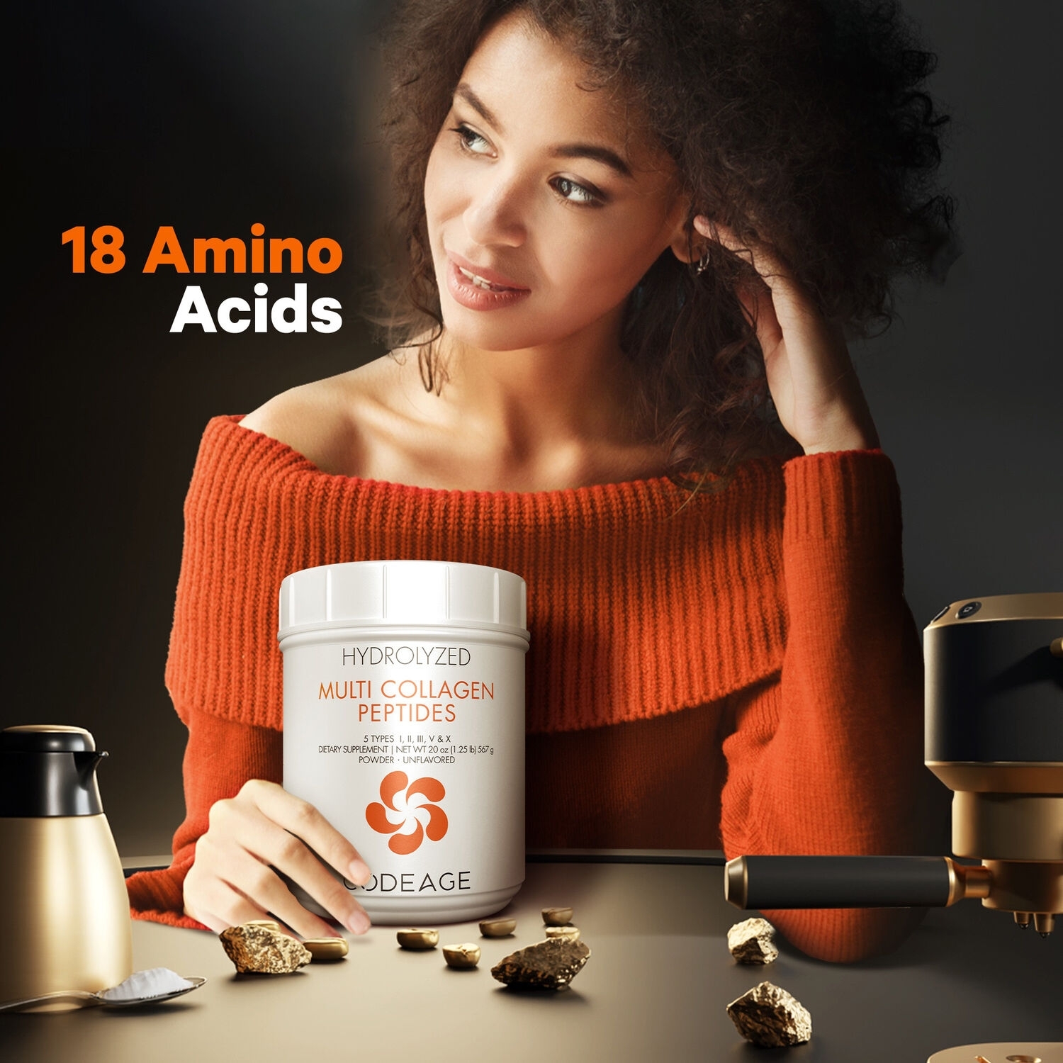 Colagen hidrolizat din 5 surse sub forma de peptide, fara aroma, 567 g, Code Age