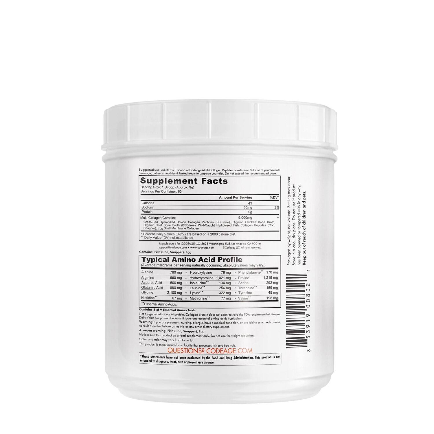 Colagen hidrolizat din 5 surse sub forma de peptide, fara aroma, 567 g, Code Age