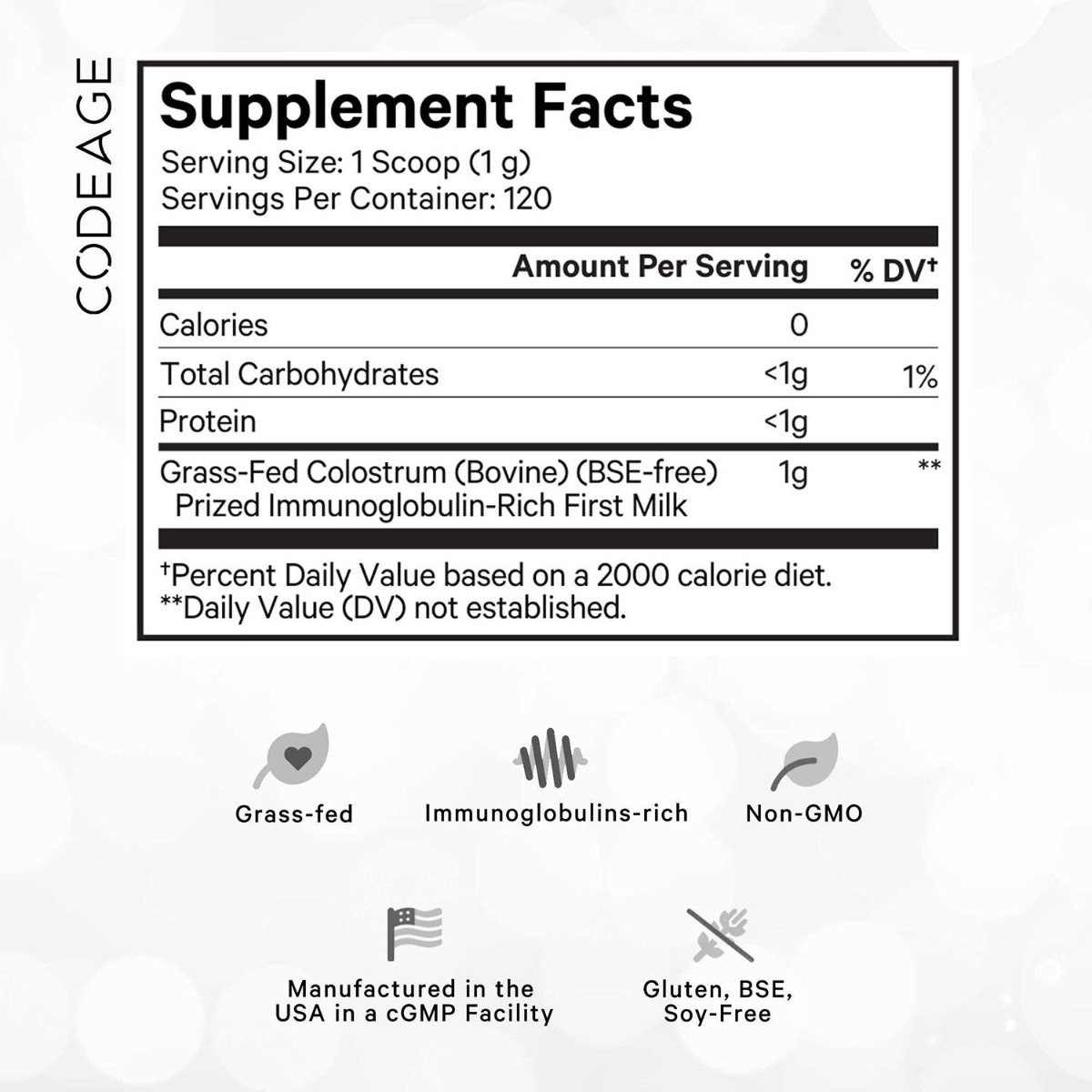 Colostru bovin cu imunoglobuline pentru imunitate si digestie fara aroma CodeAge, 120 g, GNC
