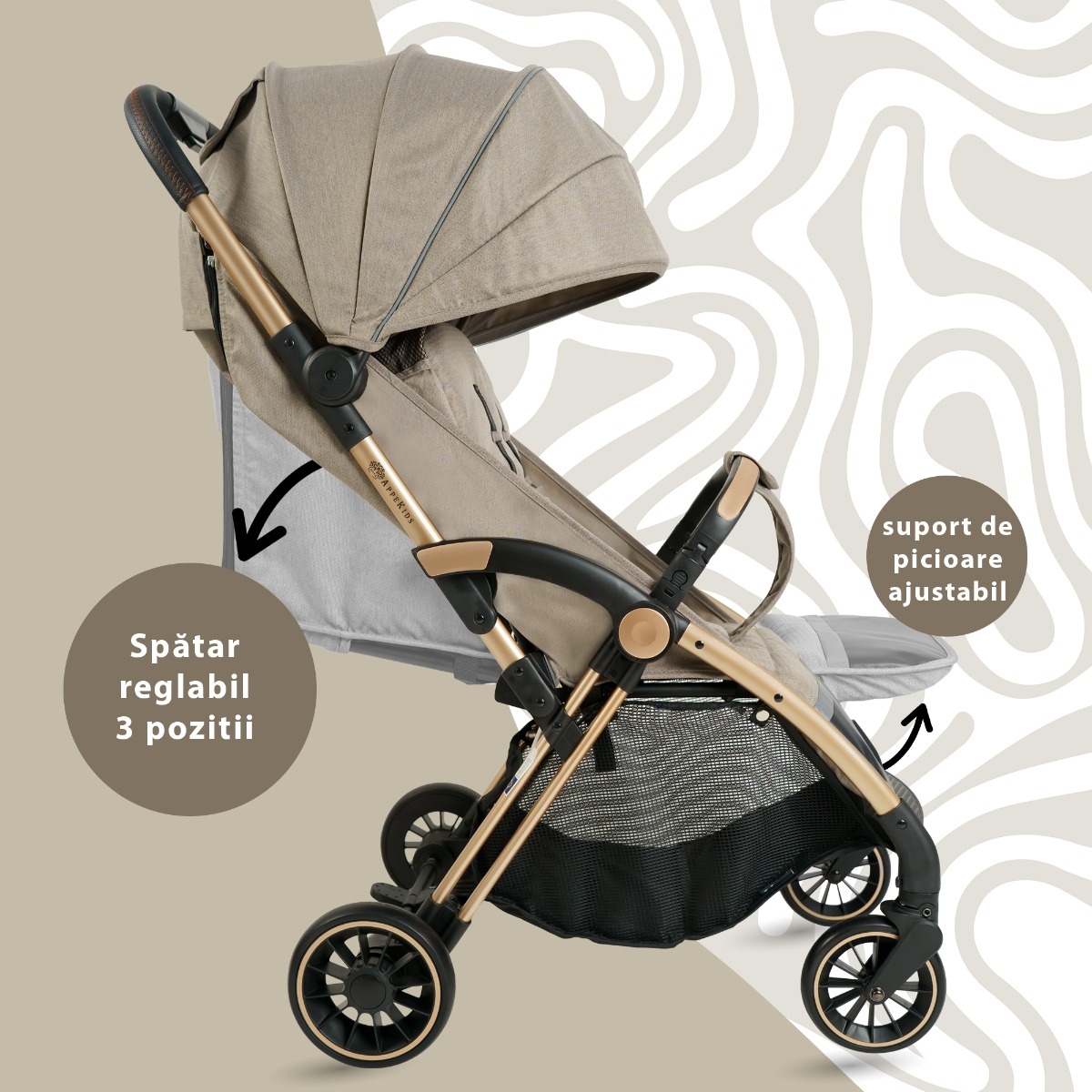 Carucior Sport AppeKids â€“ Upp â€“ Ultracompact, Pliere automata, De la nastere la 22kg - Bubble Beige