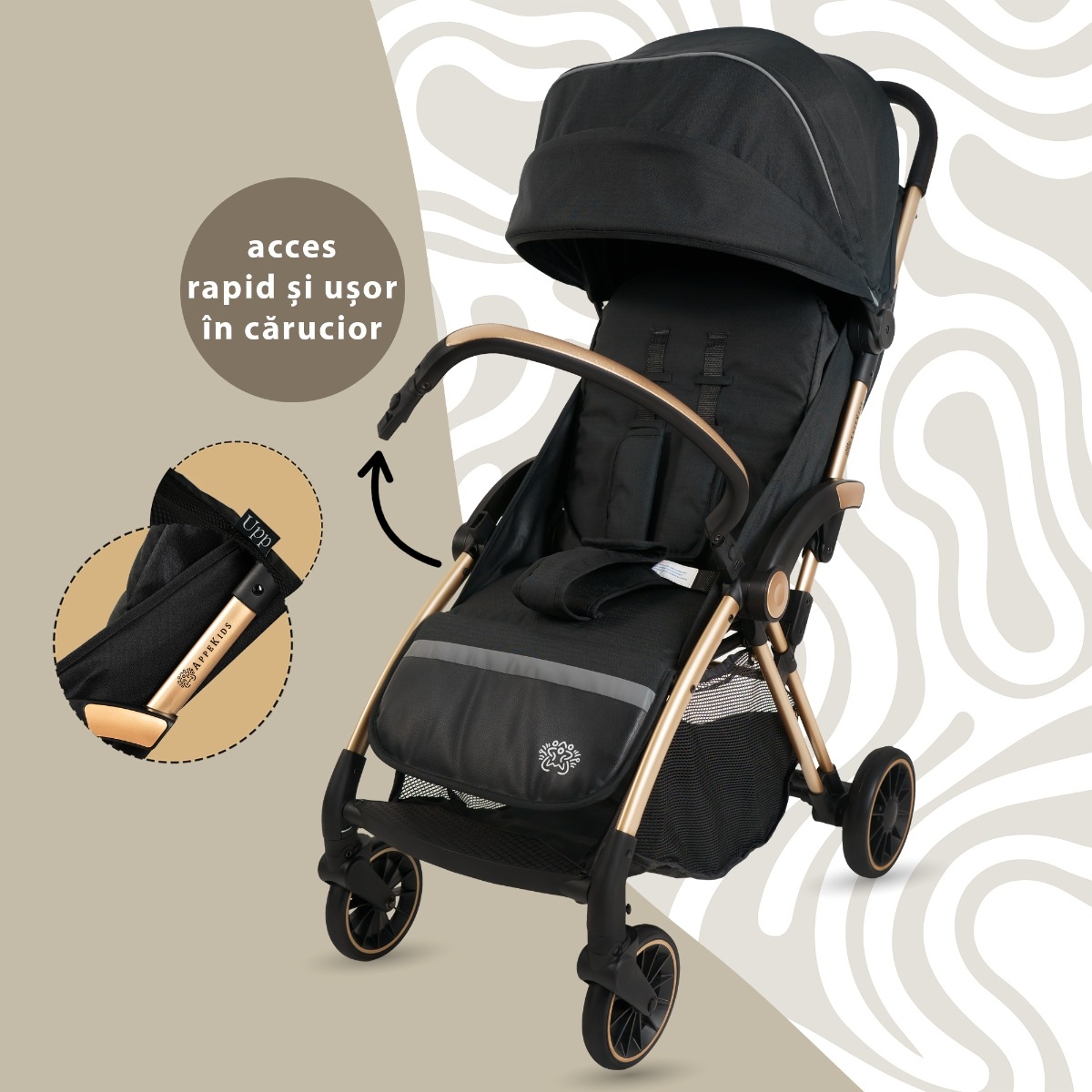 Carucior Sport AppeKids â€“ Upp â€“ Ultracompact, Pliere automata, De la nastere la 22kg - Jet Black