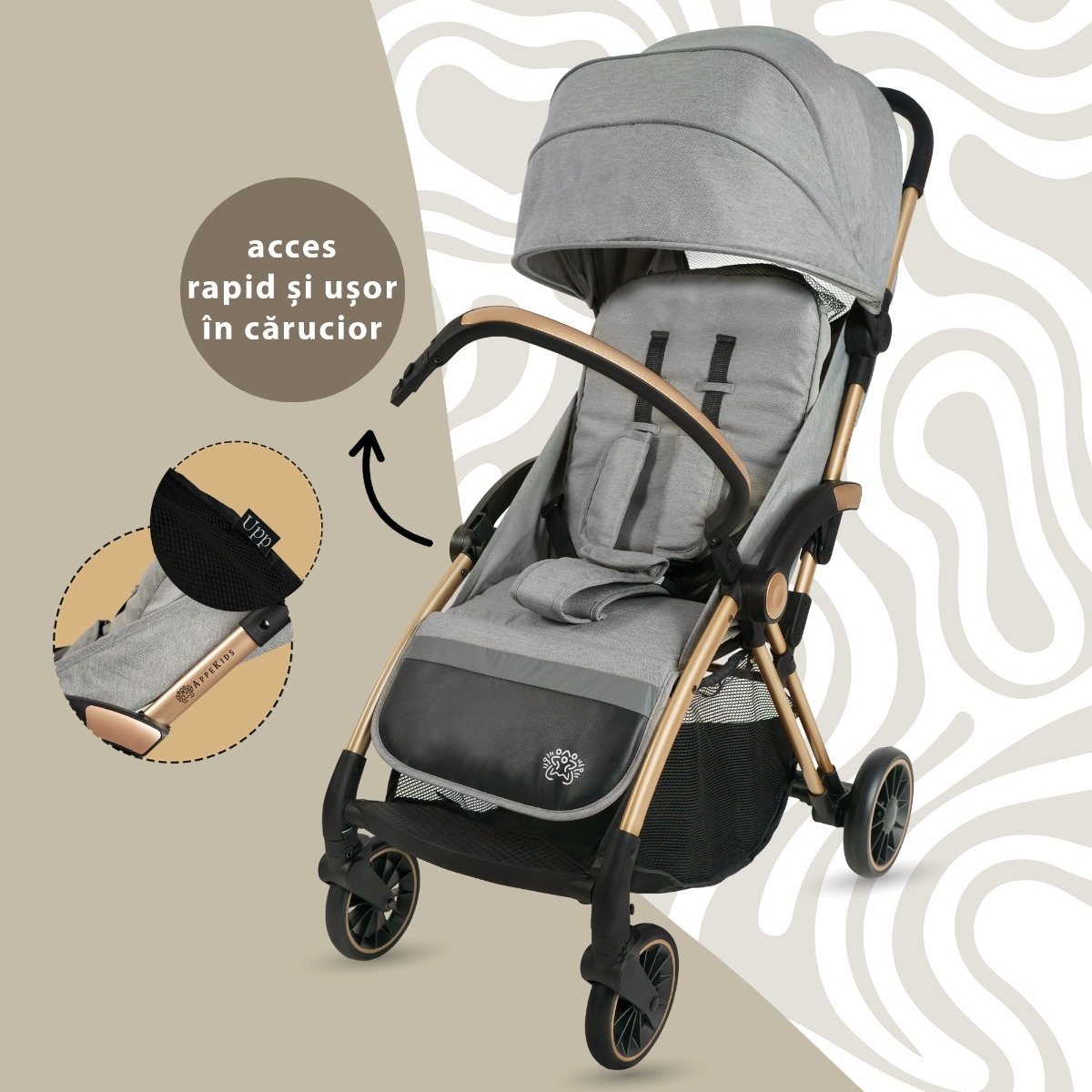 Carucior Sport AppeKids â€“ Upp â€“ Ultracompact, Pliere automata, De la nastere la 22kg - Powder Grey
