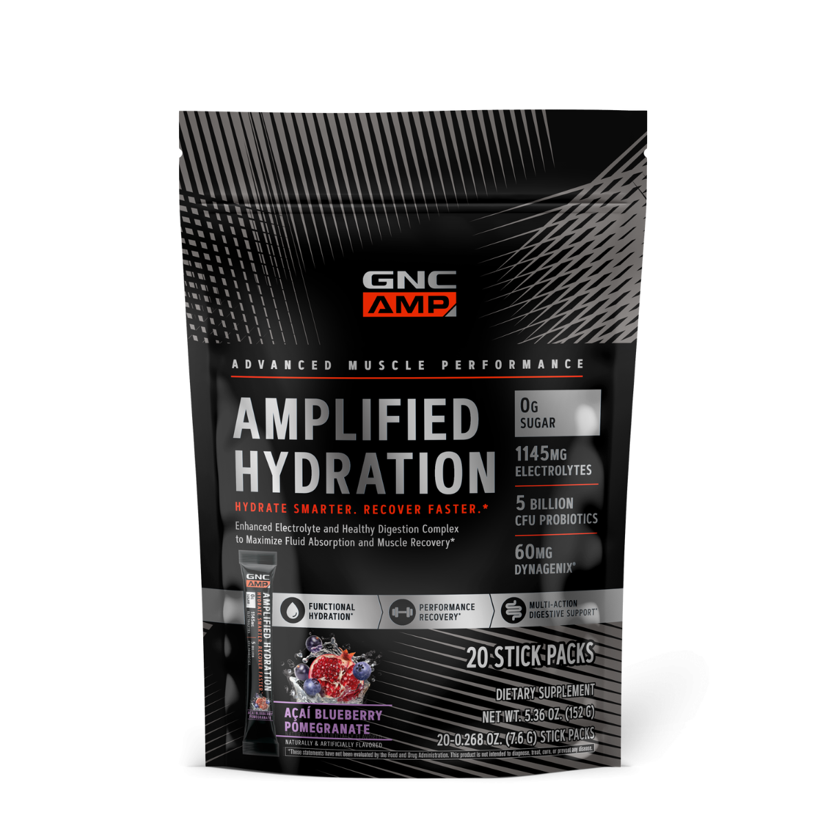 Electroliti cu aroma de acai, afine si rodie AMP Amplified Hydration, 20 de plicuri, GNC