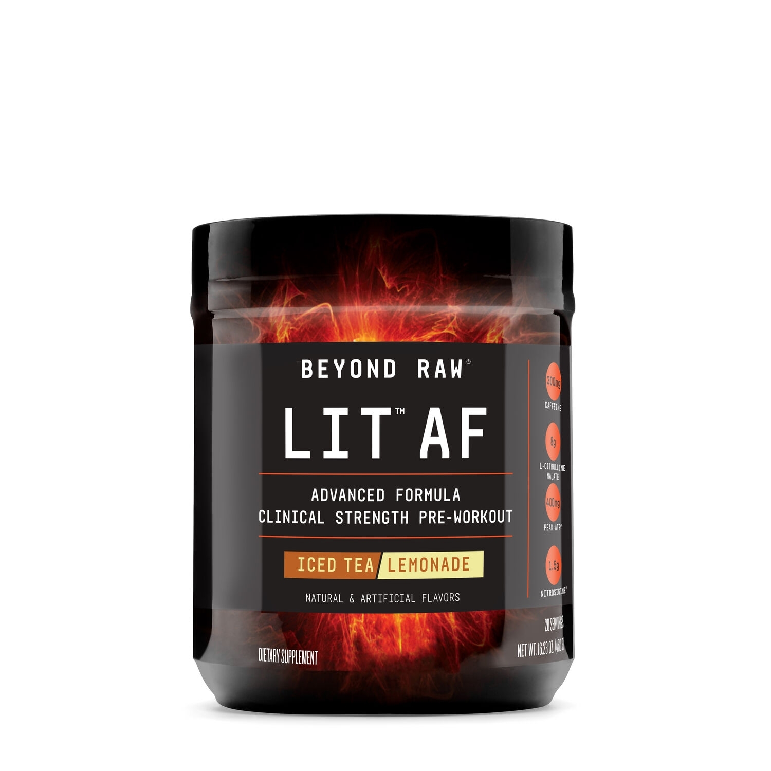 Pre-workout cu aroma de ceai de lamaie LIT AF, 460 g, Beyond Raw