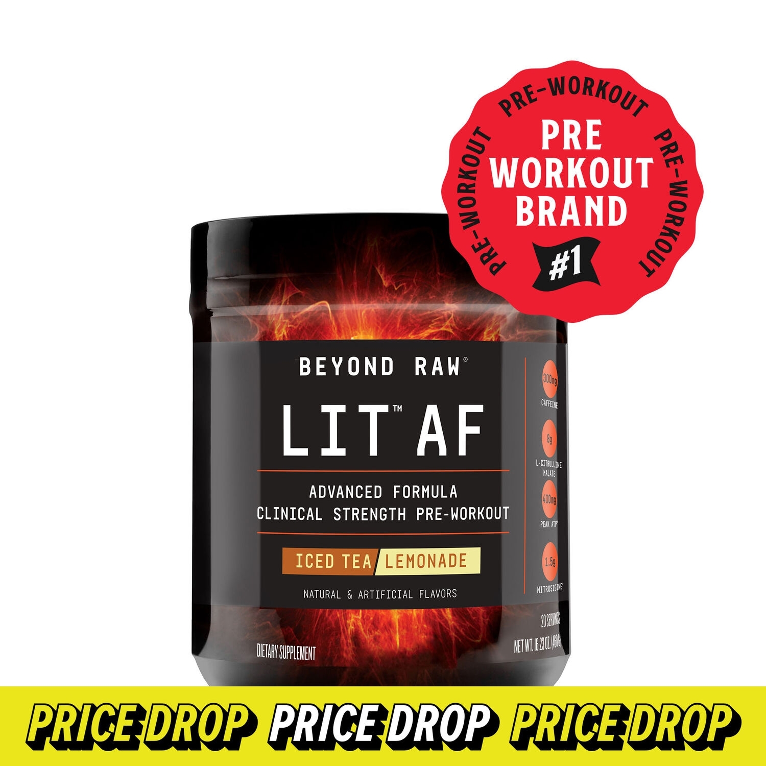 Pre-workout cu aroma de ceai de lamaie LIT AF, 460 g, Beyond Raw