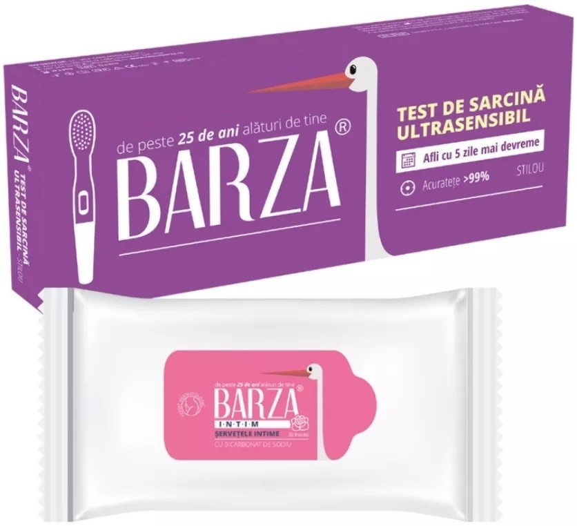 Pachet Test de sarcina stilou + Servetele intime cu bicarbonat, 20 buc, Barza