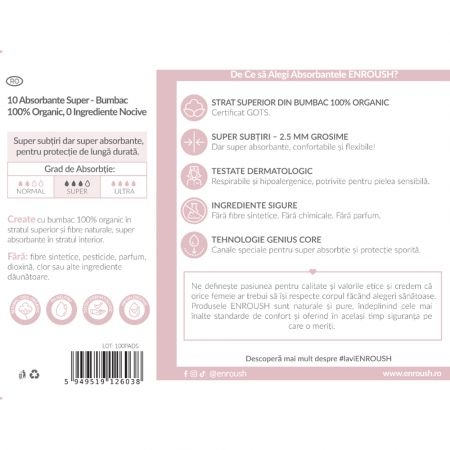 Absorbante din bumbac organic Super, 10 bucati, Enroush Absorbante din bumbac organic Super, 10 bucati, Enroush