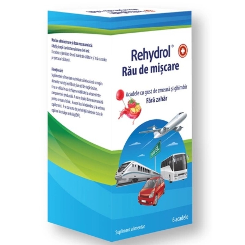 Acadele pentru rau de miscare cu zmeura si ghimbir Rehydrol, 6 acadele, MBA Pharma
