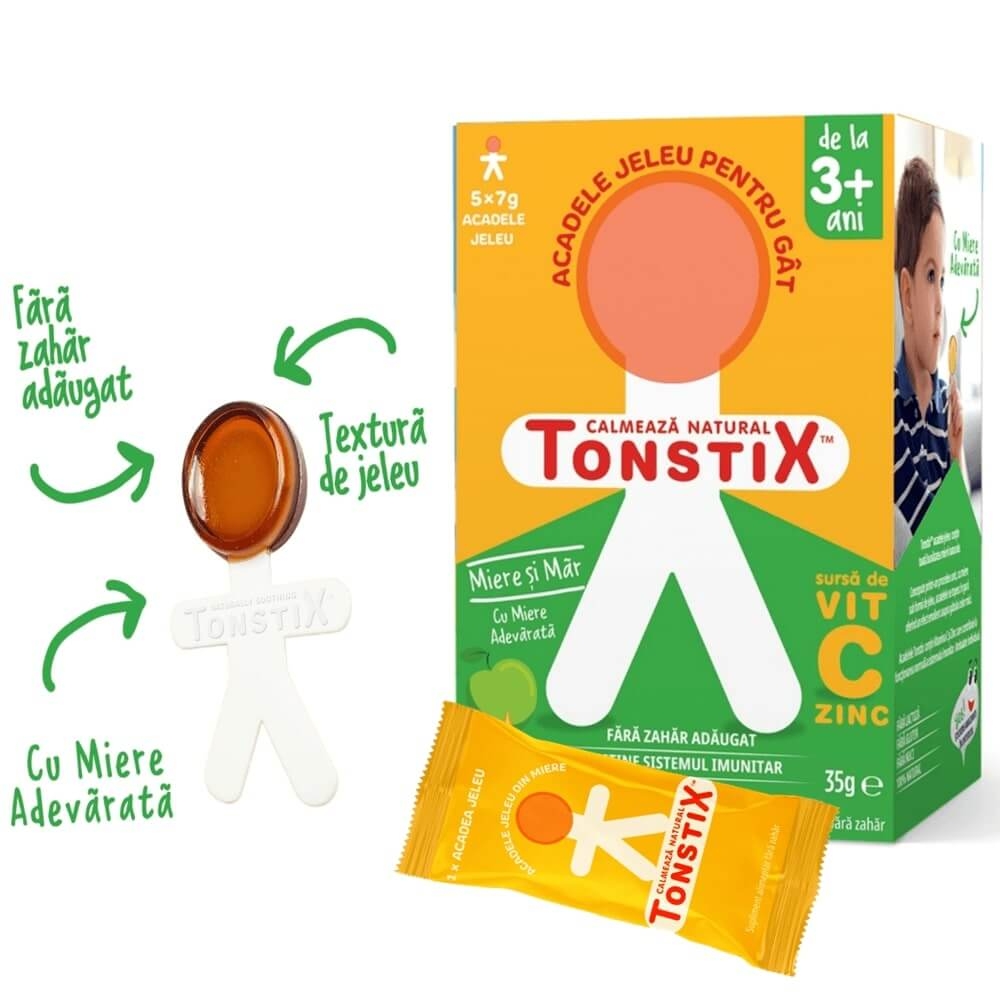Acadele jeleu pentru gat cu miere si aroma de mere Tonstix, 5 x 7 g, Pharmaexcell