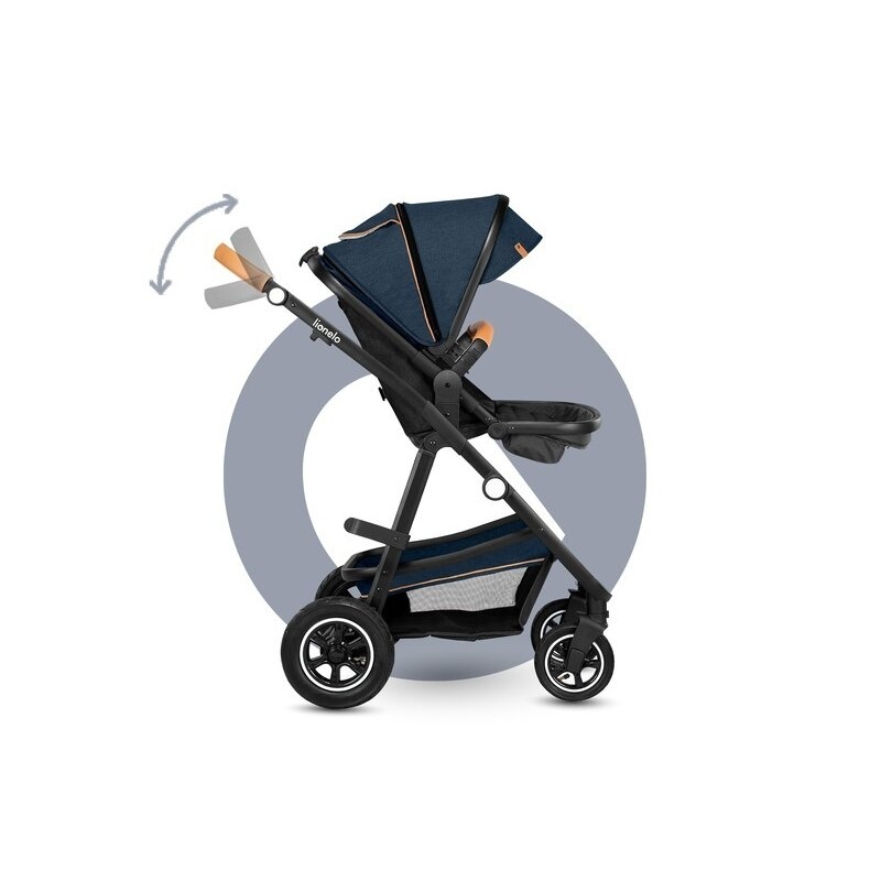 Lionelo - Carucior compact Amber, 3 in 1, Cadru din aluminiu, Cu landou intarit si salteluta moale, Scoica auto, Reversibil, Maner ajustabil, Huse pentru picioare, Plasa de tantari, Husa de ploaie, Geanta parinti, Pana la 22 kg, Albastru