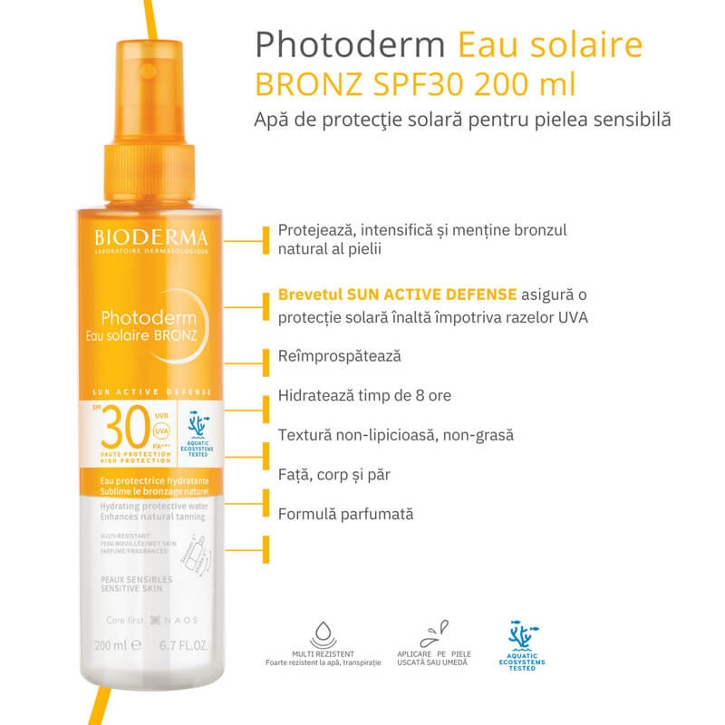 Apa cu protectie solara SPF 30 Photoderm Bronz, 200 ml, Bioderma