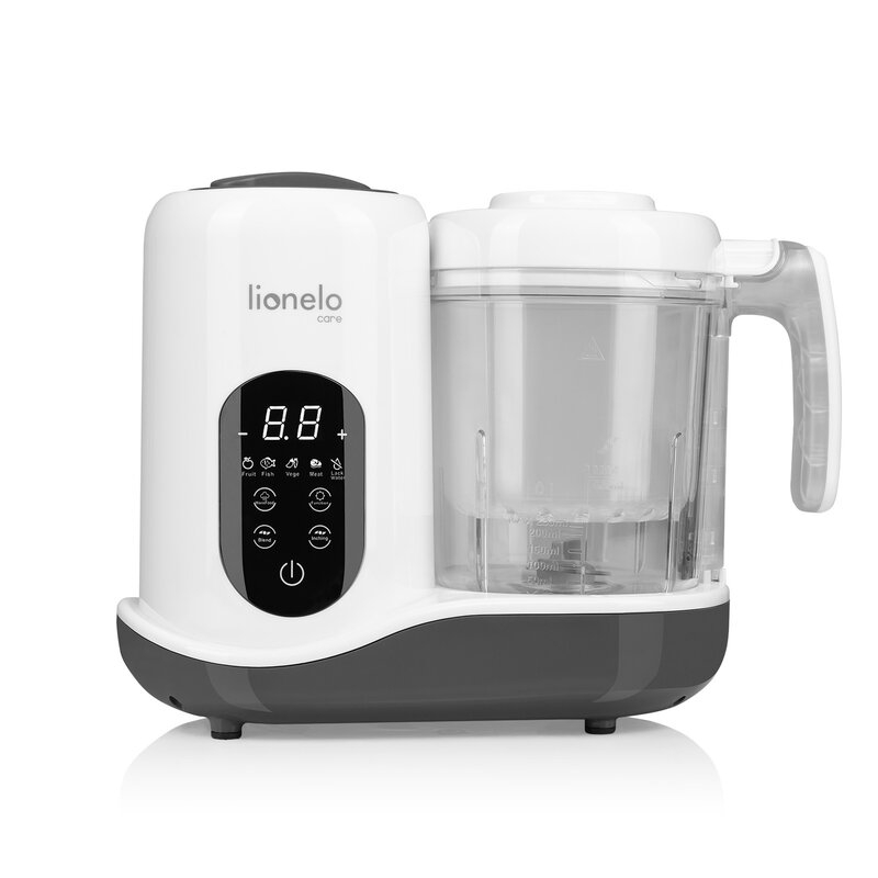 Aparat de gatit, Lionelo, BabyMenu, 5 in 1, Cu functii de gatire la abur, dezghetare, amestecare, incalzire si sterilizare, Cu recipient din tritan, Include meniu cu retete, Personalizare setari, Alb