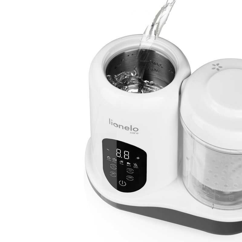 Aparat de gatit, Lionelo, BabyMenu, 5 in 1, Cu functii de gatire la abur, dezghetare, amestecare, incalzire si sterilizare, Cu recipient din tritan, Include meniu cu retete, Personalizare setari, Alb