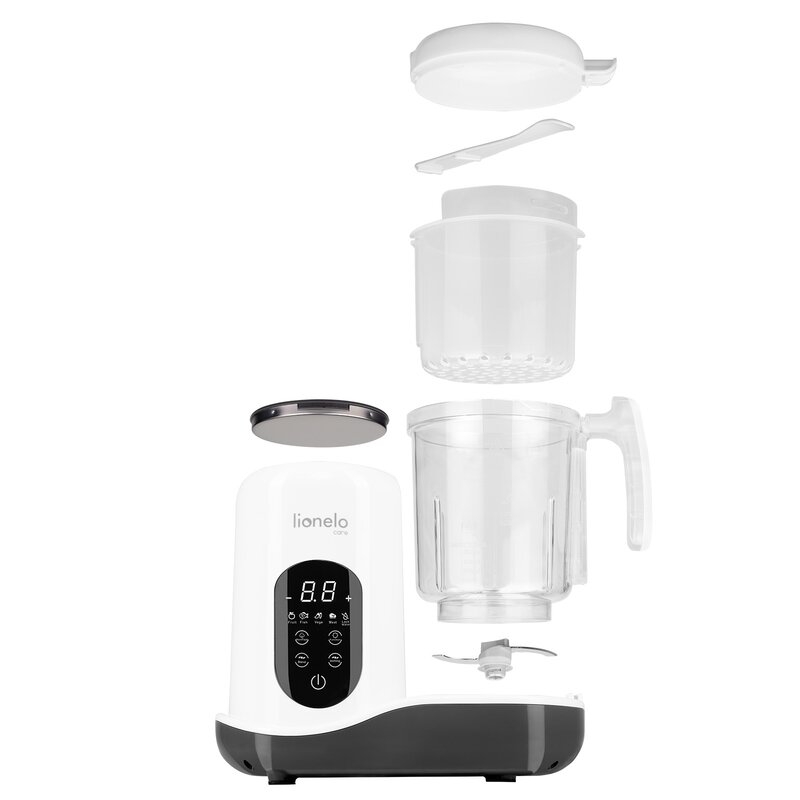 Aparat de gatit, Lionelo, BabyMenu, 5 in 1, Cu functii de gatire la abur, dezghetare, amestecare, incalzire si sterilizare, Cu recipient din tritan, Include meniu cu retete, Personalizare setari, Alb