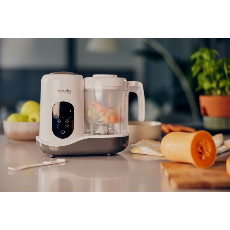 Aparat de gatit, Lionelo, BabyMenu, 5 in 1, Cu functii de gatire la abur, dezghetare, amestecare, incalzire si sterilizare, Cu recipient din tritan, Include meniu cu retete, Personalizare setari, Alb