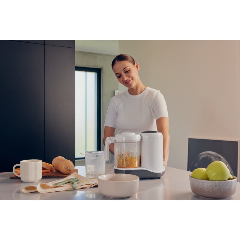 Aparat de gatit, Lionelo, BabyMenu, 5 in 1, Cu functii de gatire la abur, dezghetare, amestecare, incalzire si sterilizare, Cu recipient din tritan, Include meniu cu retete, Personalizare setari, Alb